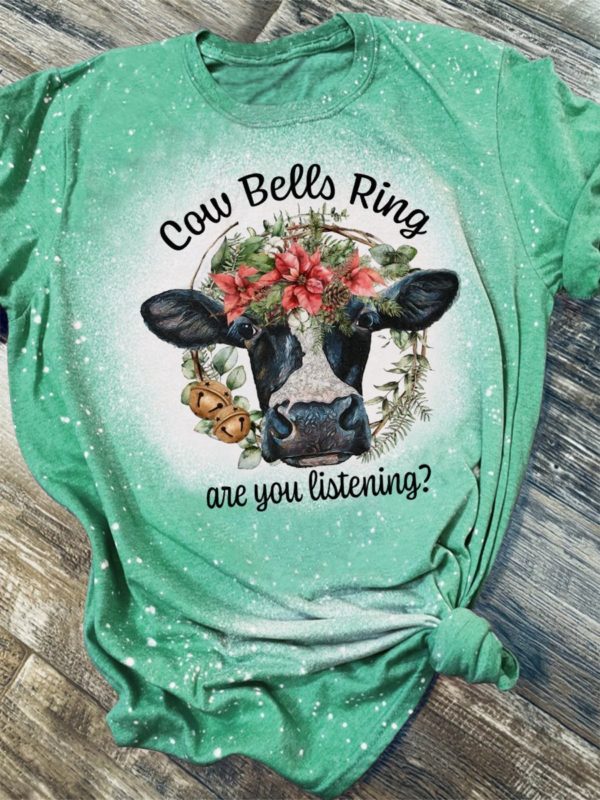 Cow Bells Ring Christmas Bleached T-Shirt