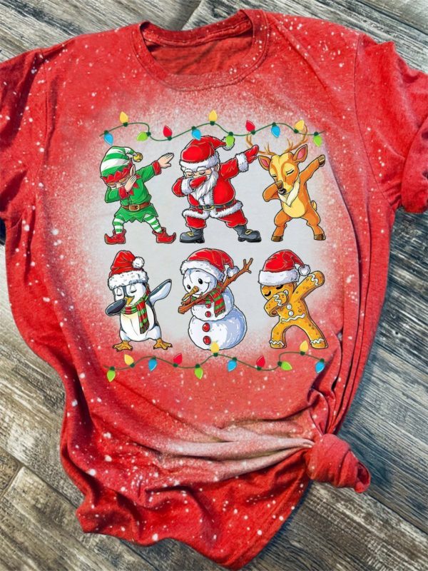 Dabbing Christmas Santa Snowman Gingerbread Man Bleached T-Shirt