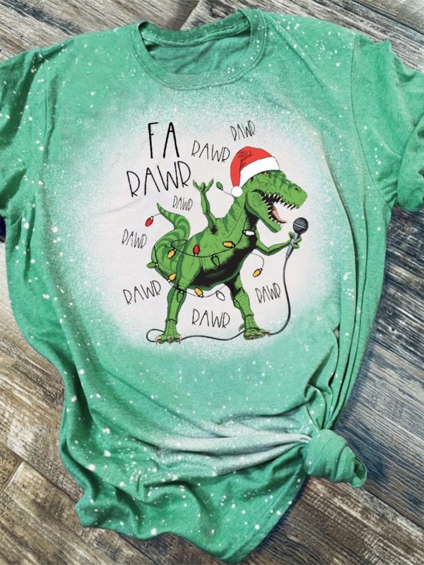 Dinosaur Fa Rawr Rawr Christmas Bleached T-Shirt
