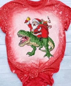 Dinosaurs Santa Claus 3D Print Bleached T-Shirt