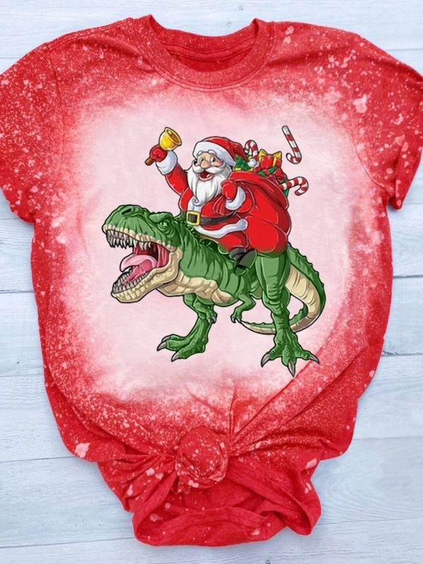 Dinosaurs Santa Claus 3D Print Bleached T-Shirt