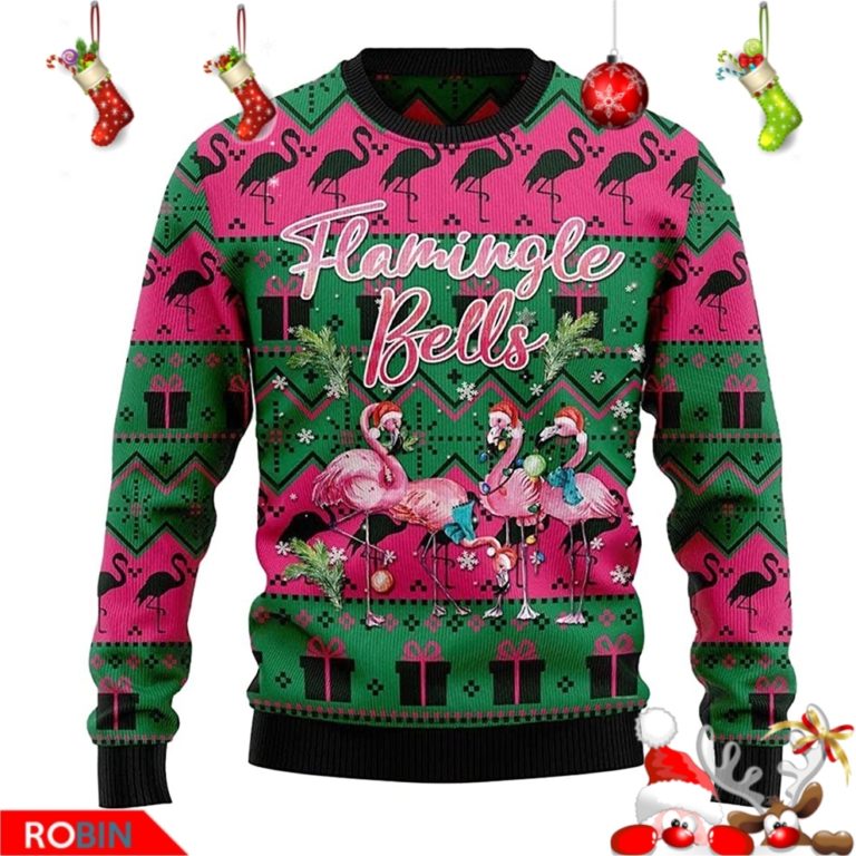 Flamingle Bells Flamingo Santa Unisex Wool Ugly Christmas Sweater