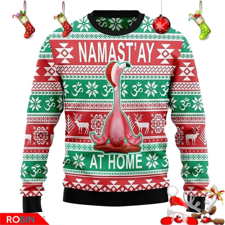 Flamingo Yoga Namast’ay at Home Unisex Knitted Ugly Christmas Sweater