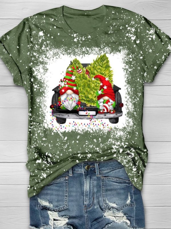 Gnome Merry Christmas Tree Bleached T-Shirt
