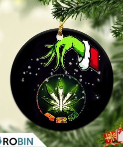 Grinch Santa Hand Holding Cannabis Marijuana Weed 420 Christmas Ornament