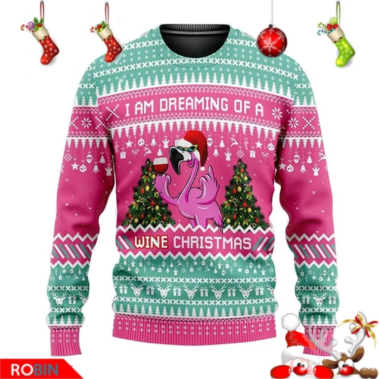 I Am Dreaming of A Wine Christmas Flamingo Ugly Christmas Knitted Sweater