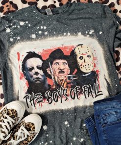 Jason Freddy Boys Of Fall Bleached Tee Halloween Horror Movie Bleached T-Shirt