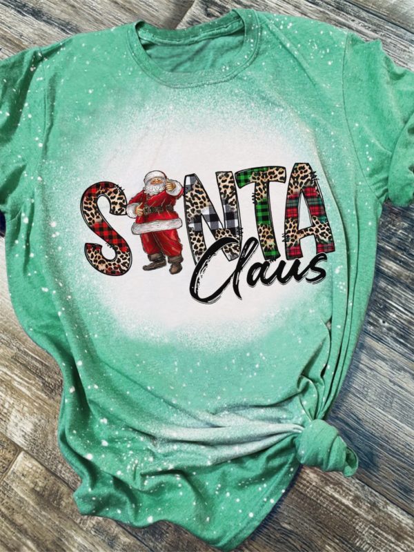 Leopard Santa Claus 3D Print Bleached T-Shirt