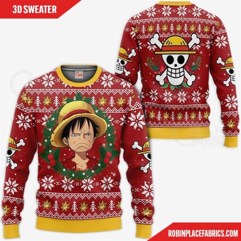 Luffy Ugly Christmas Sweater Funny Face One Piece Anime Xmas