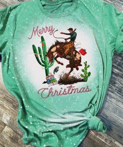 Merry Christmas Western Cowboy Bleached T-Shirt