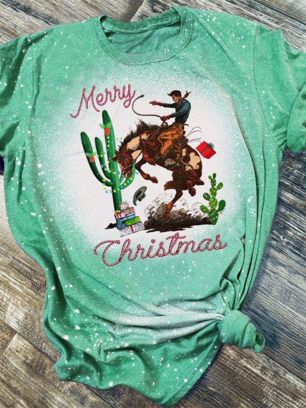 Merry Christmas Western Cowboy Bleached T-Shirt