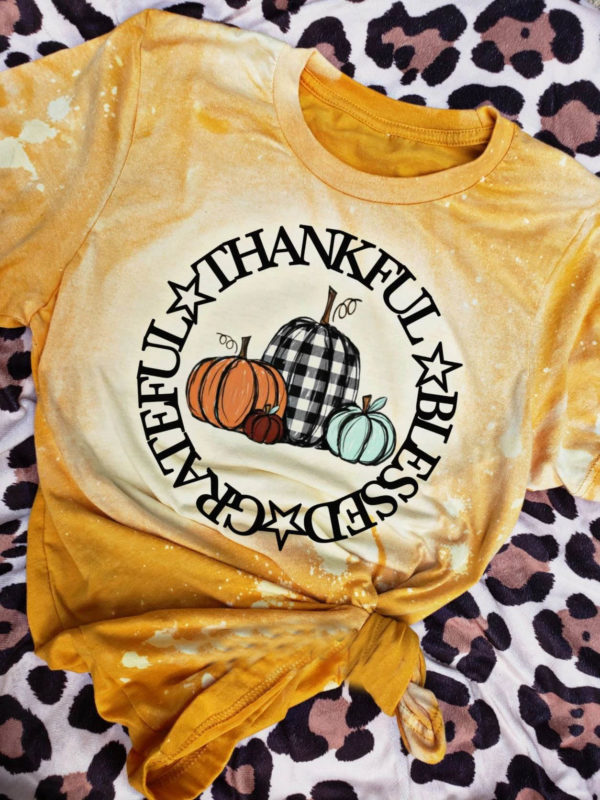 Pumpkin Thankful Grateful Blessed Bleached T-Shirt