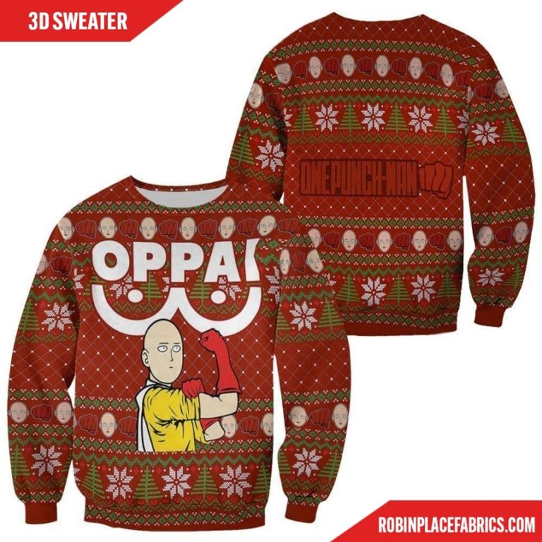 Saitama Oppai Ugly Christmas Sweater One Punch Man Anime Xmas