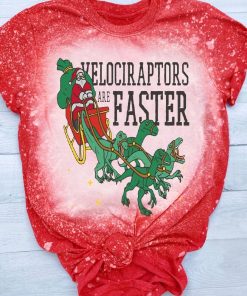 Santas With Velociraptors Christmas Bleached T-Shirt