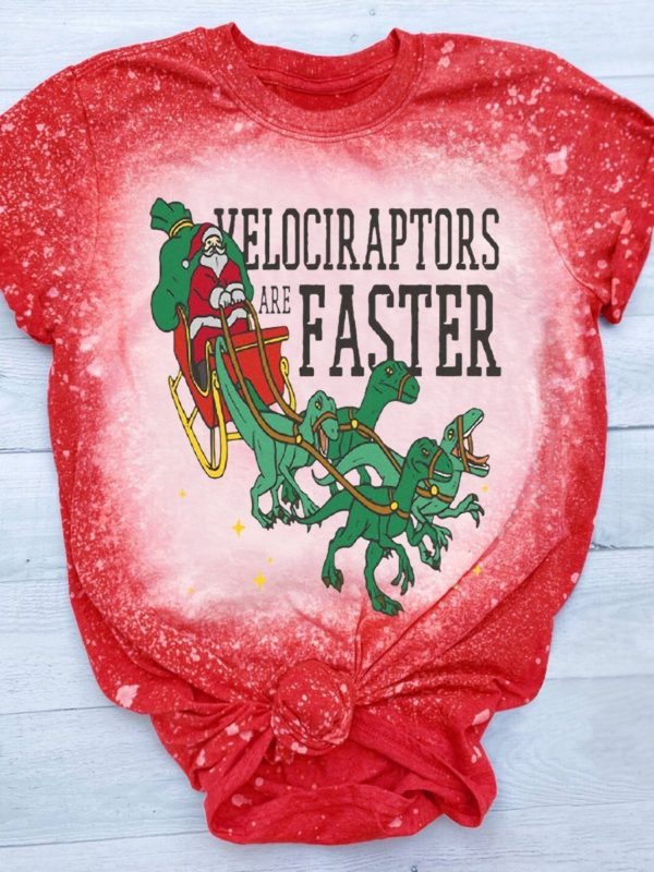 Santas With Velociraptors Christmas Bleached T-Shirt