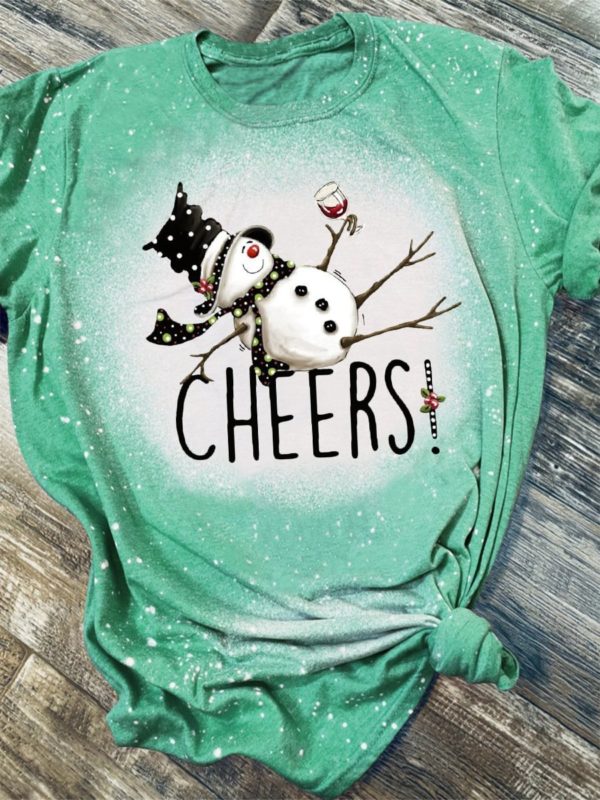 Tipsy Snowman Wine Cheers 3D Print Bleached T-Shirt
