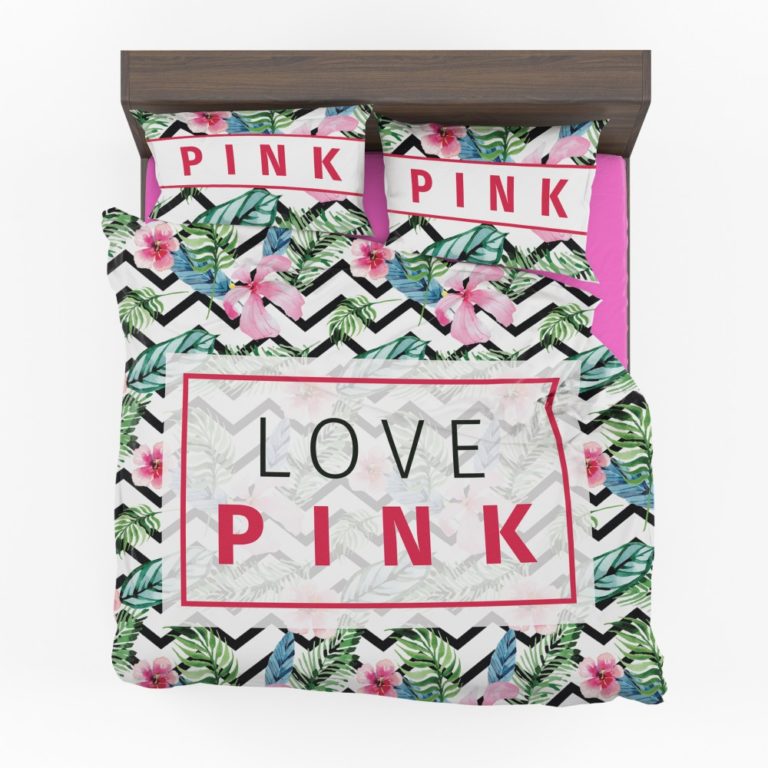 Love Pink Modern Pattern with Tropical Watercolor Flowers Bedding Set
