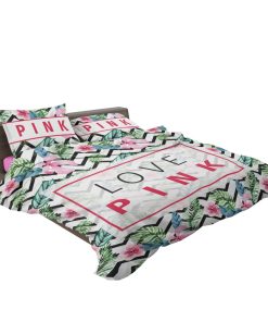 Love Pink Modern Pattern with Tropical Watercolor Flowers Bedding Set