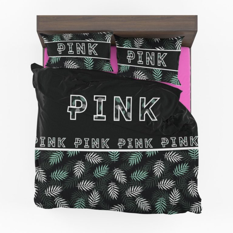 VS Pink Pattern with Green and White Palm Leaves Bedding Set