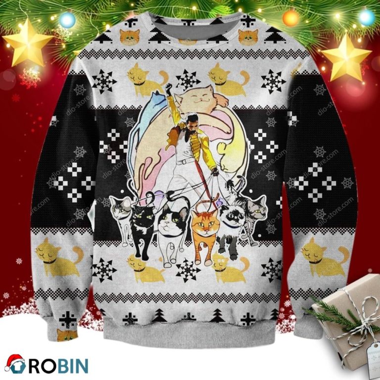 3d Print Freddie Mercury And His Cats Ugly Christmas Sweater, Sweatshirt