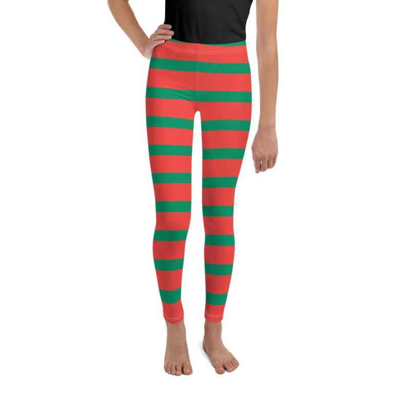 Elf Red Green Striped Leggings, Christmas High Waisted Leggings