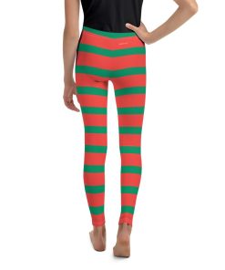 Elf Red Green Striped Leggings, Christmas High Waisted Leggings
