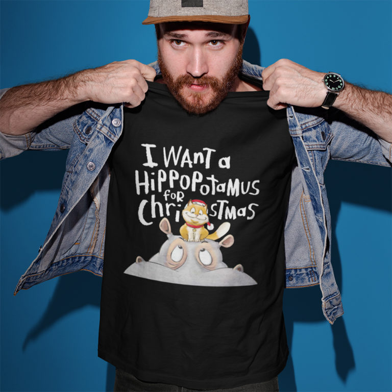 I Want A Hippopotenuse For Christmas Shirt Funny Hippopotamus and Cat Xmas Gift