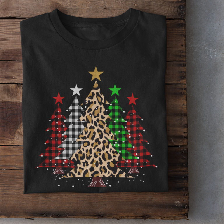 Merry Christmas Trees with Buffalo Plaid &amp; Leopard Design T-Shirt