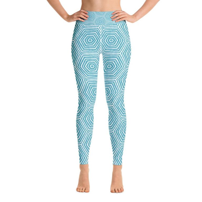 Abstract Geometric Pattern Yoga Leggings Women, Blue High Waisted Pants