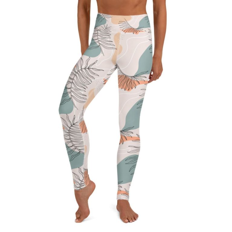 Abstract Leaves Pattern Yoga Leggings Women, Pastel Art High Waisted Pants