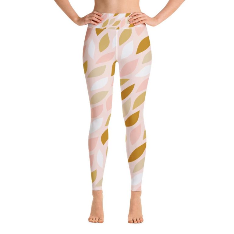 Abstract Leaves Pink Yoga Leggings Women, High Waisted Pants