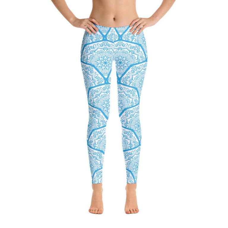 Aqua Blue Mandala Leggings, Lotus Geometric Printed Yoga Pants