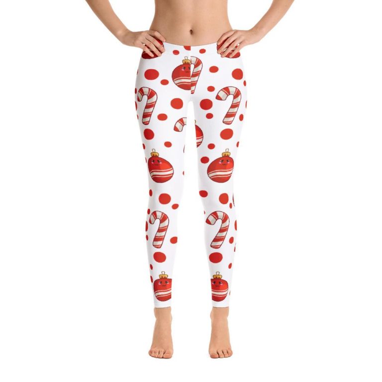 Candy Cane Christmas Leggings, White Red Sugar Cane Elf Pants
