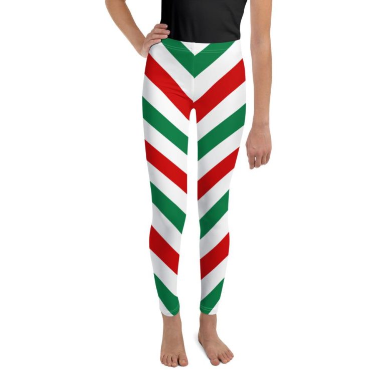Candy Cane Leggings, Christmas Red White Green Stripes Xmas Printed Pants