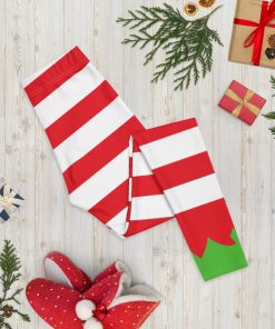 Christmas Elf Leggings, Striped Red White Winter Holiday Xmas Leggings Christmas Elf Leggings, Striped Red White Winter Holiday Xmas Leggings