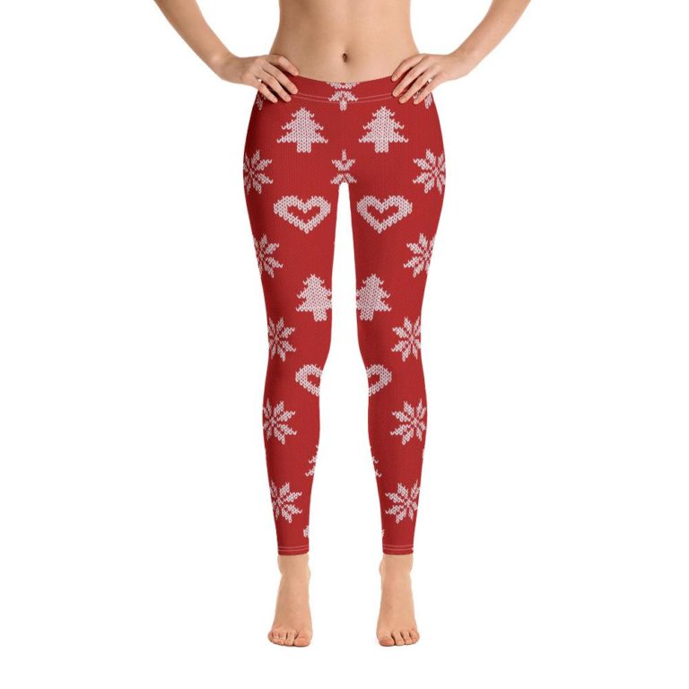 Christmas Tree Leggings, Knitted Xmas Tree Snowflakes High Waisted Leggings