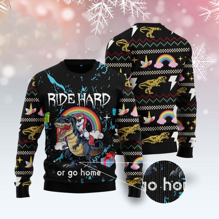 Dinosaur Unicorn Ride Hard Christmas Ugly Sweater