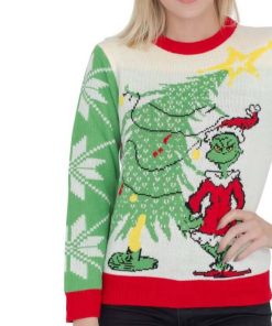 Dr Seuss Grinch As Santa Next To Tree Ugly Christmas Sweater