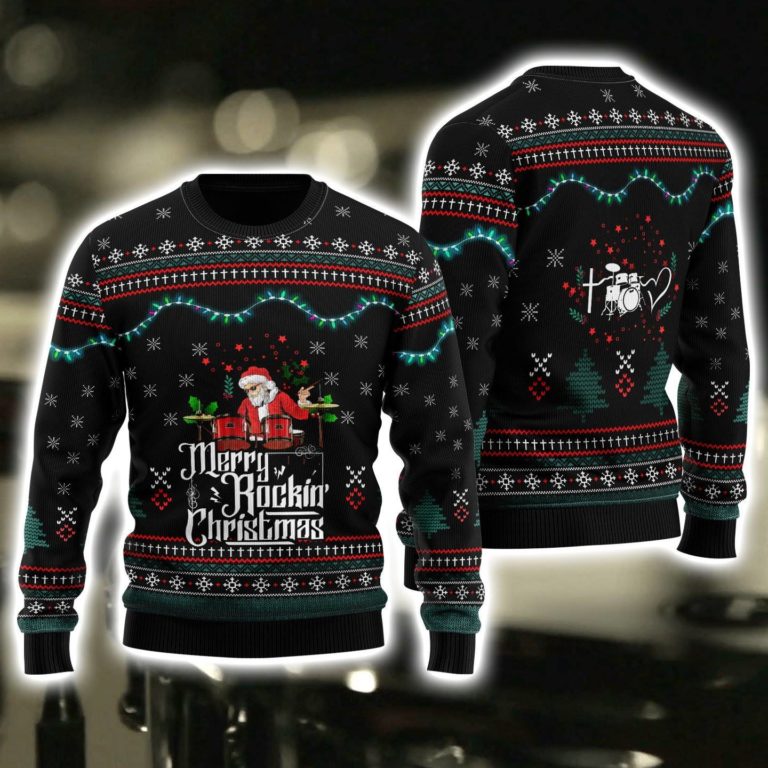 Drummer With Sayings Merry Rockin 3D Printed Ugly Christmas Sweatshirt