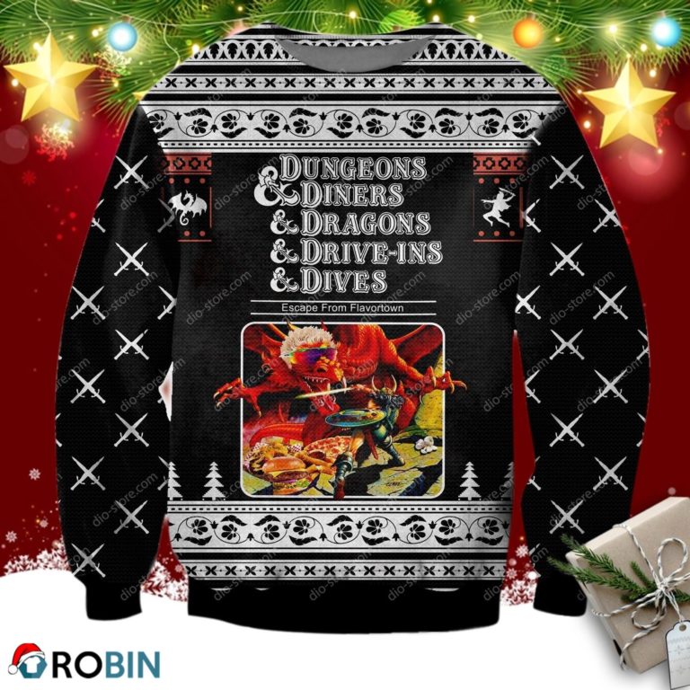 Dungeons & Diners & Dragons & Drive-Ins & Dives 3d Print Ugly Christmas Sweater, Sweatshirt