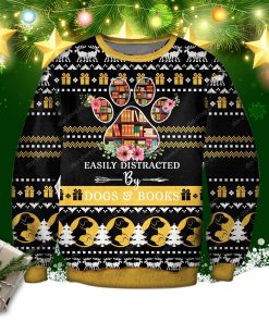 Easily Distracted By Dogs And Books 3d Print Ugly Christmas Sweater Easily Distracted By Dogs And Books 3d Print Ugly Christmas Sweater
