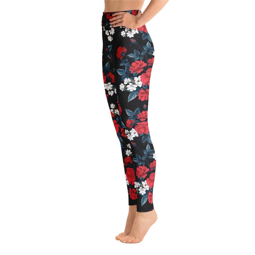 Floral Leggings for Women, Red Rose Flowers High Waisted Legging ...