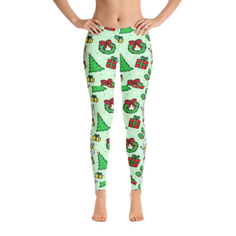 Green Christmas Leggings Women, Funny Snowman Presents Snowflakes High Waisted Tights