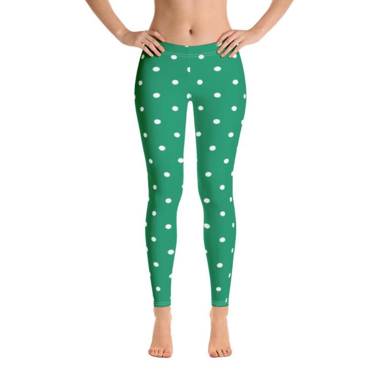 Green Polka Dot Leggings, Christmas Elf Xmas High Waisted Tights