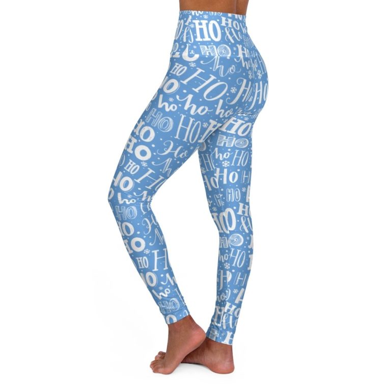 Ho Ho Ho Christmas Yoga Leggings Women, Blue Xmas Skinny High Waisted Tights