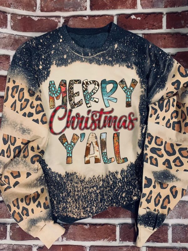 Merry Christmas Y’all Leopard Pattern All Over Print Sweatshirt