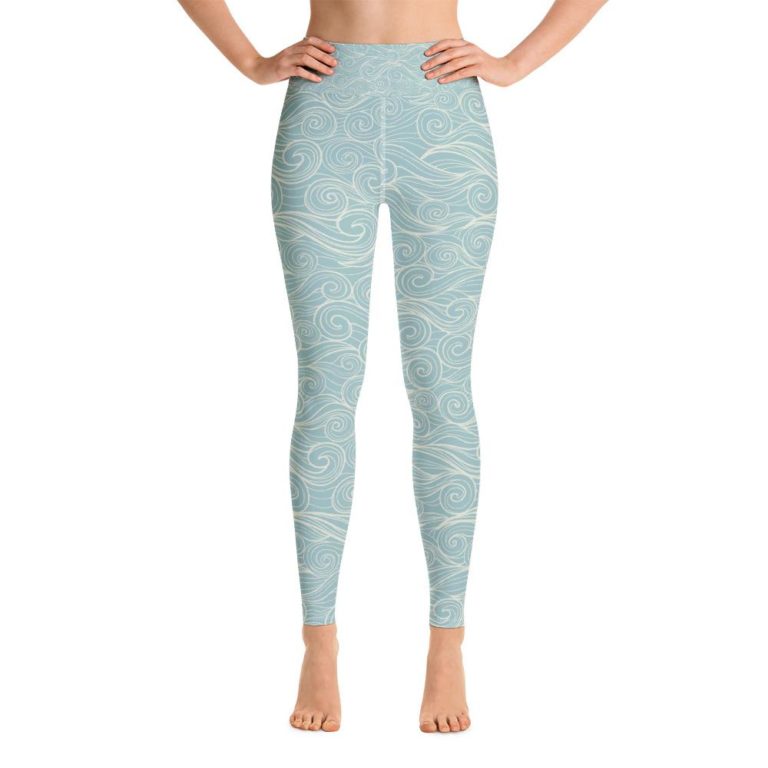 Ocean Waves Yoga Leggings Women, Pastel Blue High Waisted Tights
