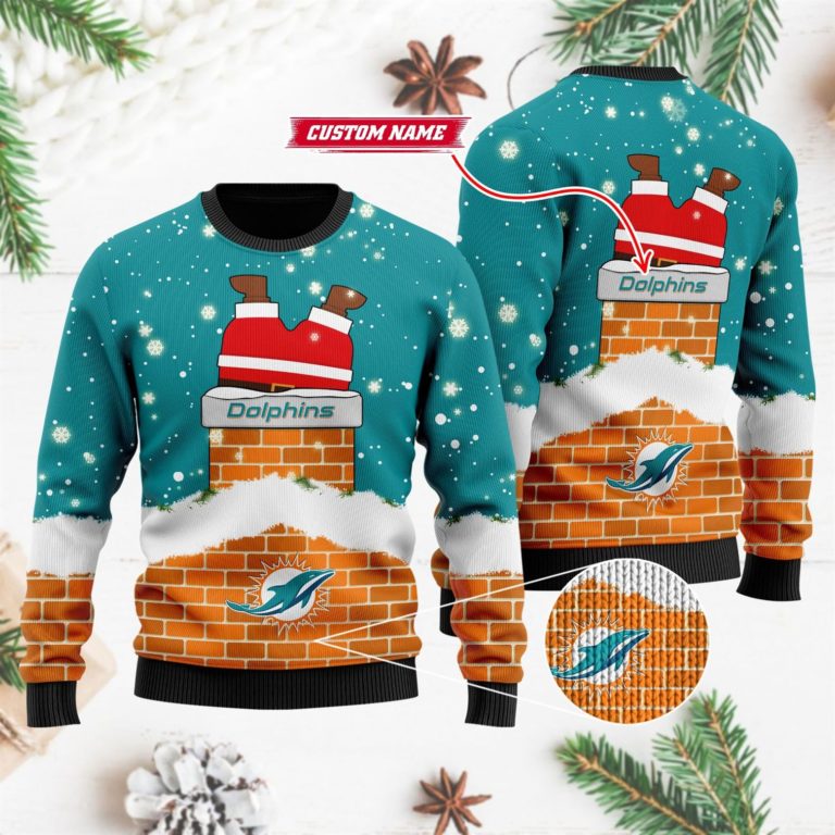 Personalized Miami Dolphins Football Santa Claus 3D Ugly Christmas Sweater