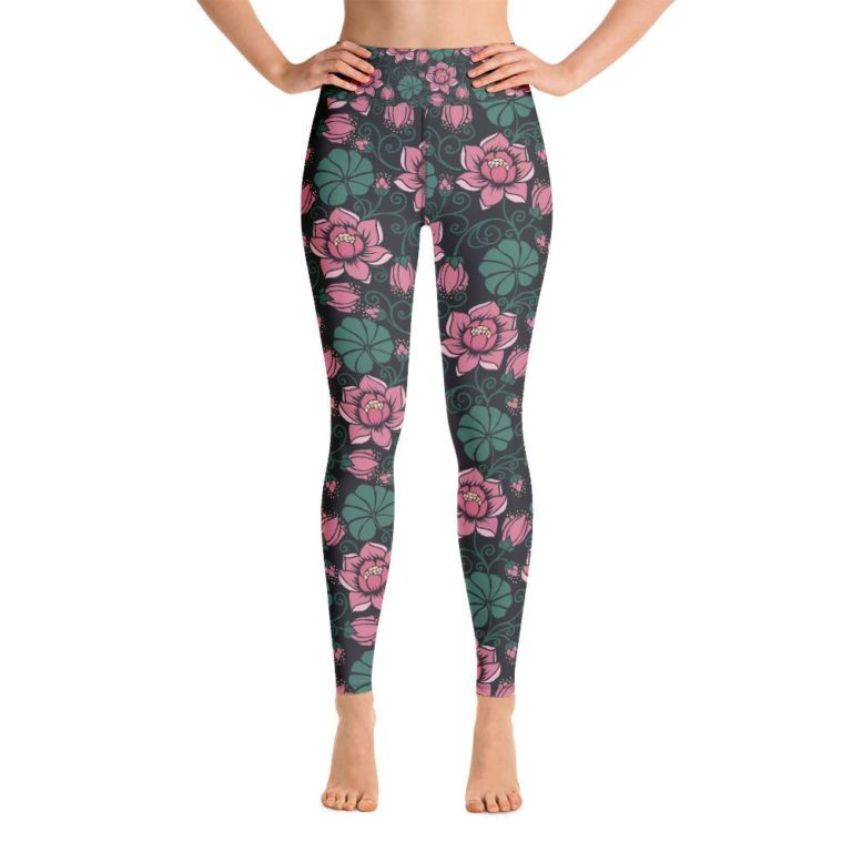 Pink Flowers Yoga Leggings Women, High Waisted Tights
