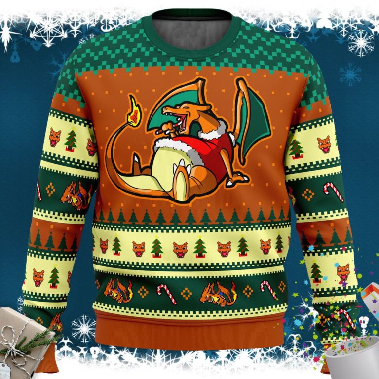 Pokemon Eating Candy Cane Charizard Ugly Christmas Sweater